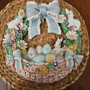 Vintage 1990’s Hand Painted 11” Resin HAPPY EASTER Wreath: Bunny Spring Flowers